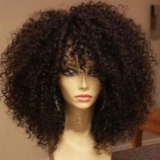 16 Inch Afro Kinky Curly Hair Wigs With Bangs Soft Fluffy Synthetic Fiber None Lace Wigs For Party Cosplay Daily Use Badiee Stylez