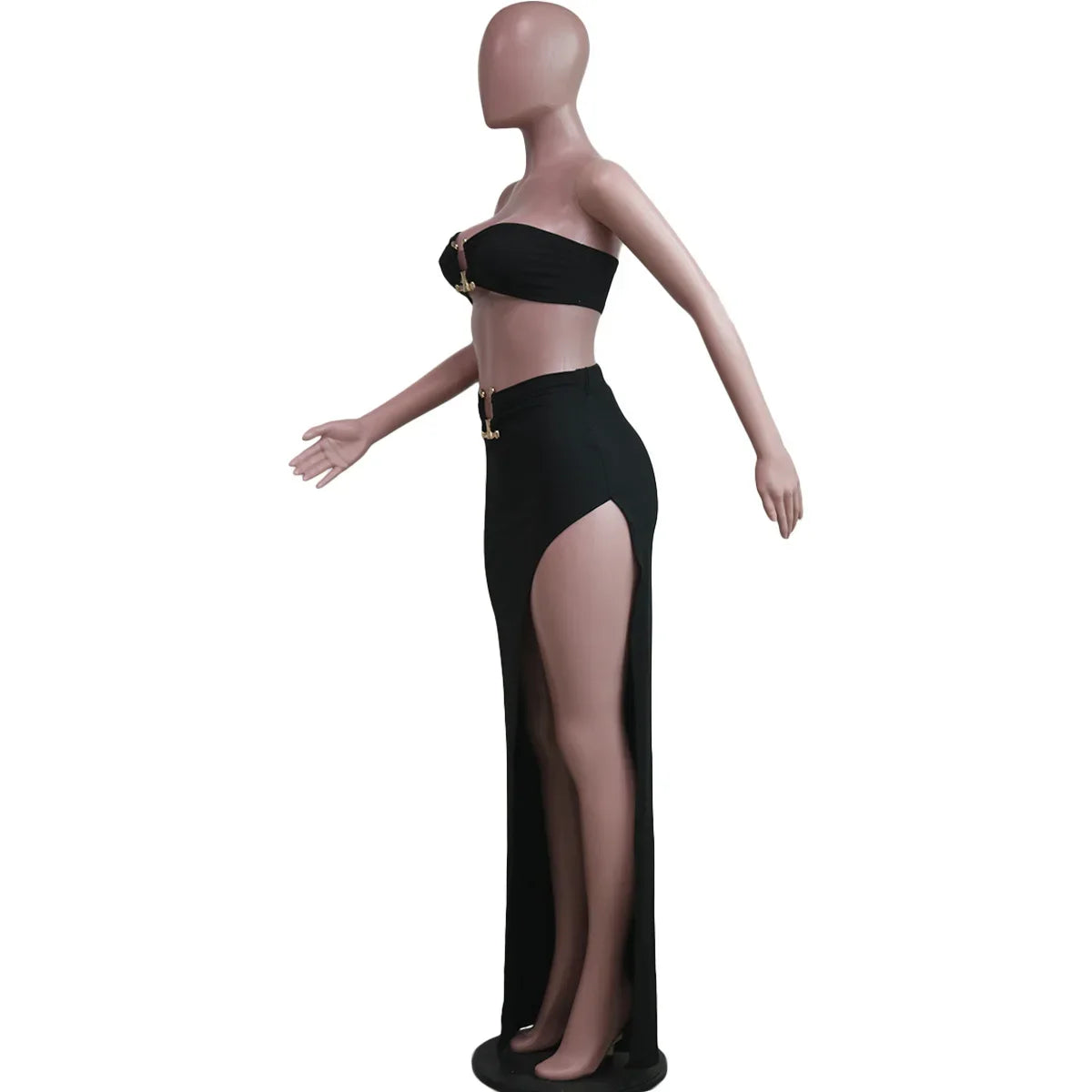 New Chic Gold Ring Bandeau Slit Skirt Two-Piece Set Womens Beautiful Off Shoulder Matching Skirt Set Nightclub Outfits Badiee Stylez