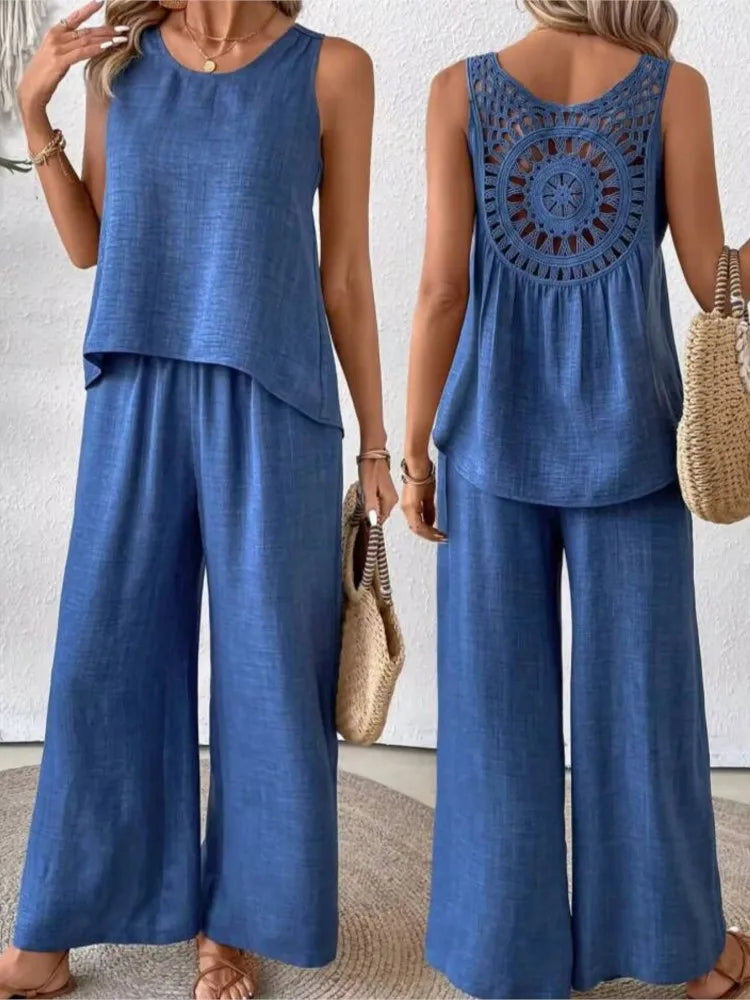 Hollow Out 2 Piece Sets Women Lace Sleeveless Top Wide Leg Pants Set Solid Color New Matching Sets 2 Piece Sets Women New 2024
