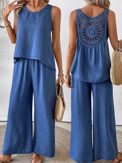 Hollow Out 2 Piece Sets Women Lace Sleeveless Top Wide Leg Pants Set Solid Color New Matching Sets 2 Piece Sets Women New 2024