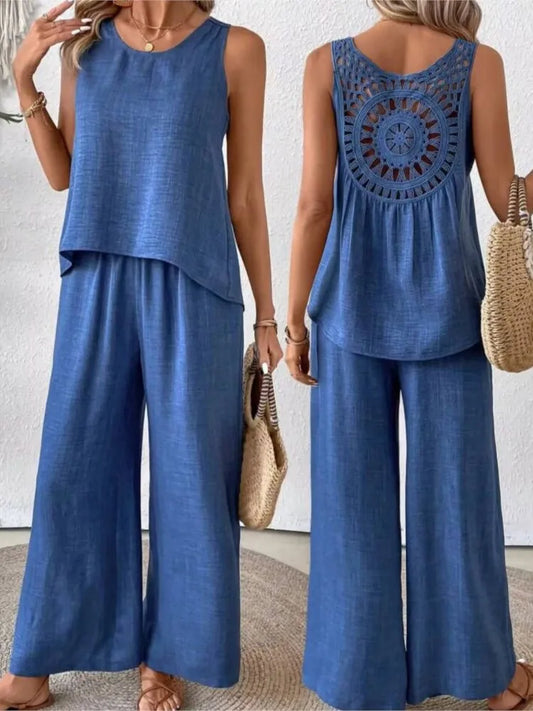 Hollow Out 2 Piece Sets Women Lace Sleeveless Top Wide Leg Pants Set Solid Color New Matching Sets 2 Piece Sets Women New 2024