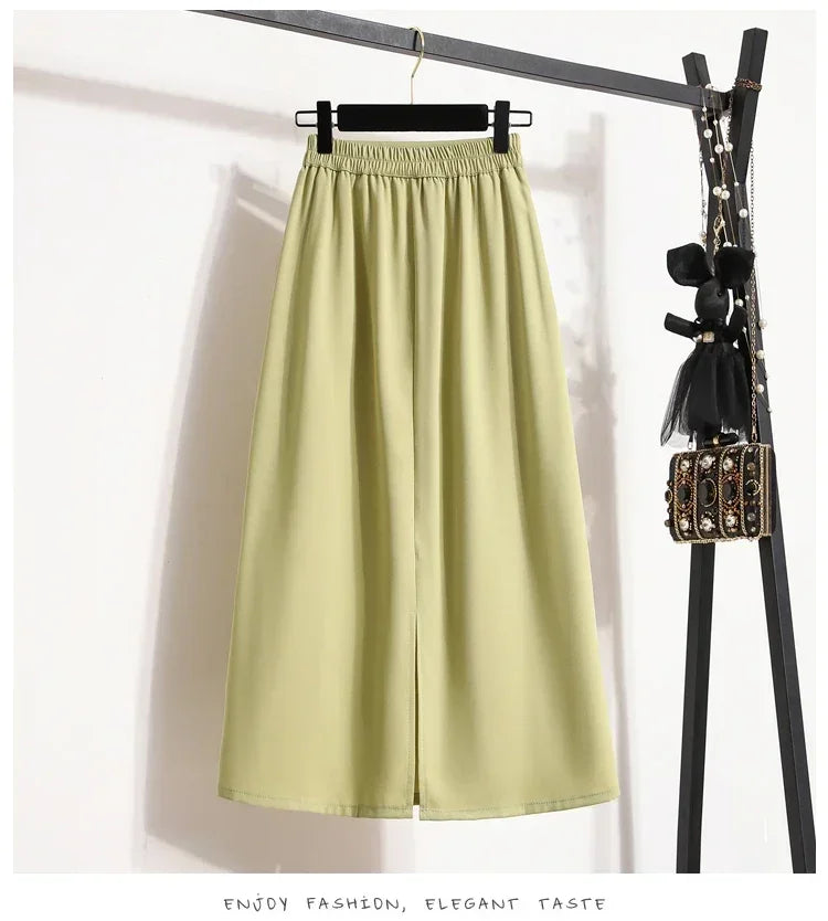 2025 Summer Female Fashionable Versatile Solid Skirts High Waisted Mid Length A-line Plus Size Skirt Split Wrap Body Skirt