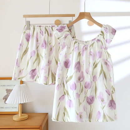 2025 Women's New Summer Pajama Set 100% Cotton Crepe Vest+Shorts Two Piece Loose Home Clothing Set Sleepwear Ladies 01