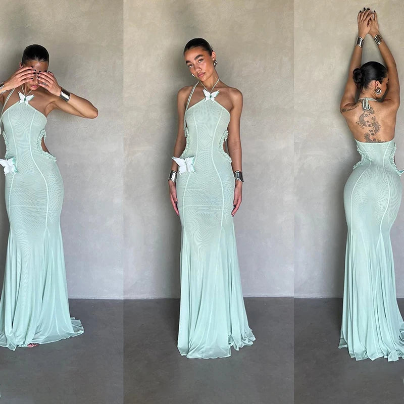 WhereMery Sexy Off Shoulder Butterfly Appliques Halter Maxi Dress 2025 Summer Women Trend See Through Hollow Out Beach Vestidos