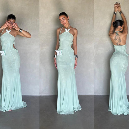 WhereMery Sexy Off Shoulder Butterfly Appliques Halter Maxi Dress 2025 Summer Women Trend See Through Hollow Out Beach Vestidos