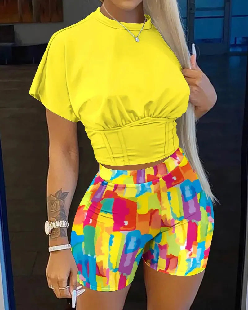 Casual O-neck Short Sleeve T-shirt Shorts Set Office Lady Summer Letter Print Tops Solid Shorts Two Piece Set Women Outfit 2024 Yellow