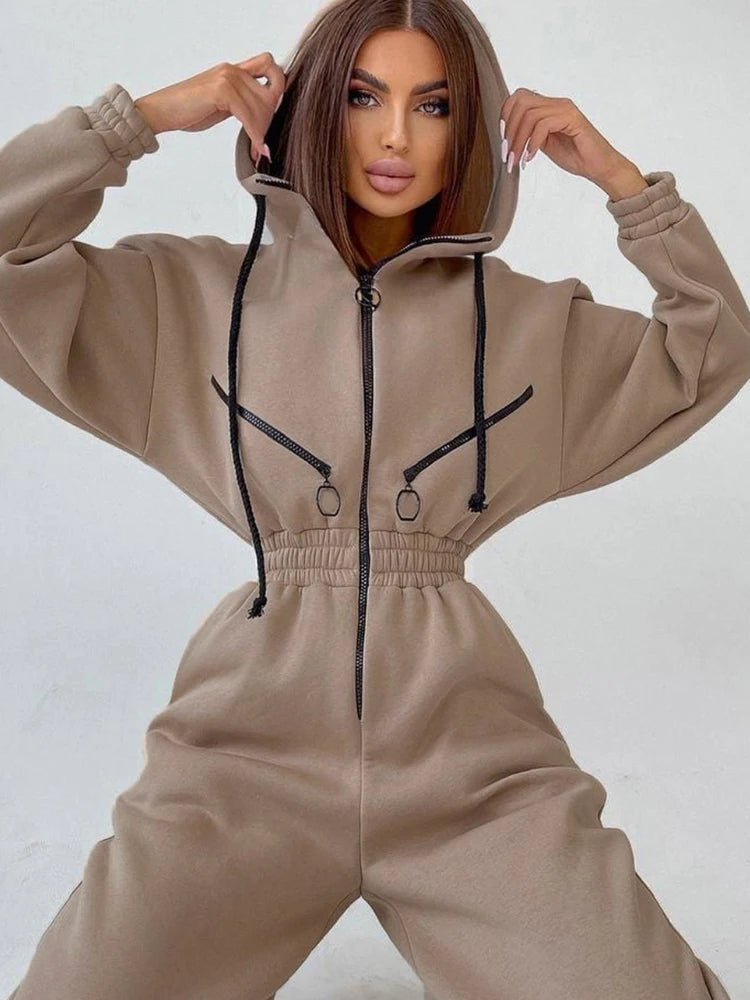 Autumn Women's Monochrome Long-Sleeved Jumpsuit Solid Color Zip-up Sportswear Female Winter Casual Tracksuit Fashionable Hoodies Badiee Stylez