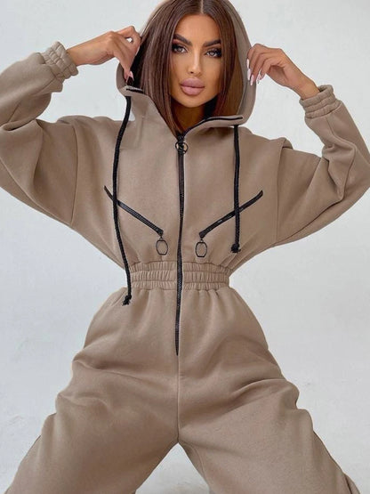 Autumn Women's Monochrome Long-Sleeved Jumpsuit Solid Color Zip-up Sportswear Female Winter Casual Tracksuit Fashionable Hoodies Badiee Stylez