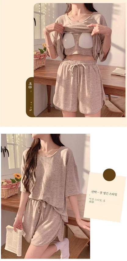 Hot with Chest Pad Pajamas Women 2025 New Summer Pure Cotton Short sleeve Shorts Set Spring and Autumn Loose Homewear