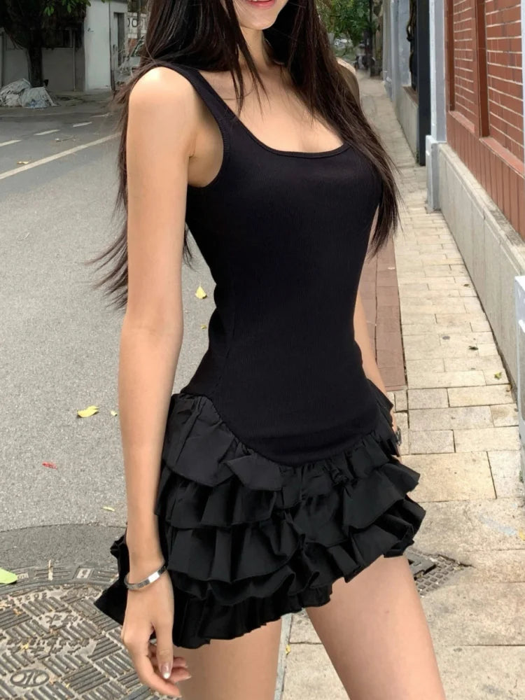 Sexy U-Neck Sleeveless Mini Dresses Fashion Women Summer New White Solid Y2K Ruffle Pleated Cake Bodycon Casual Party Vestidos