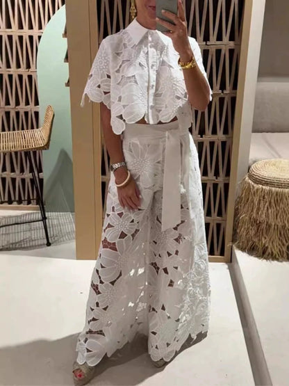 Women Set Short Sleeved Blouse Tops + Tie-up Pants Two Peics set Lace Outfit Embroidery 2025 New Retro Hollow Temperament Suit White