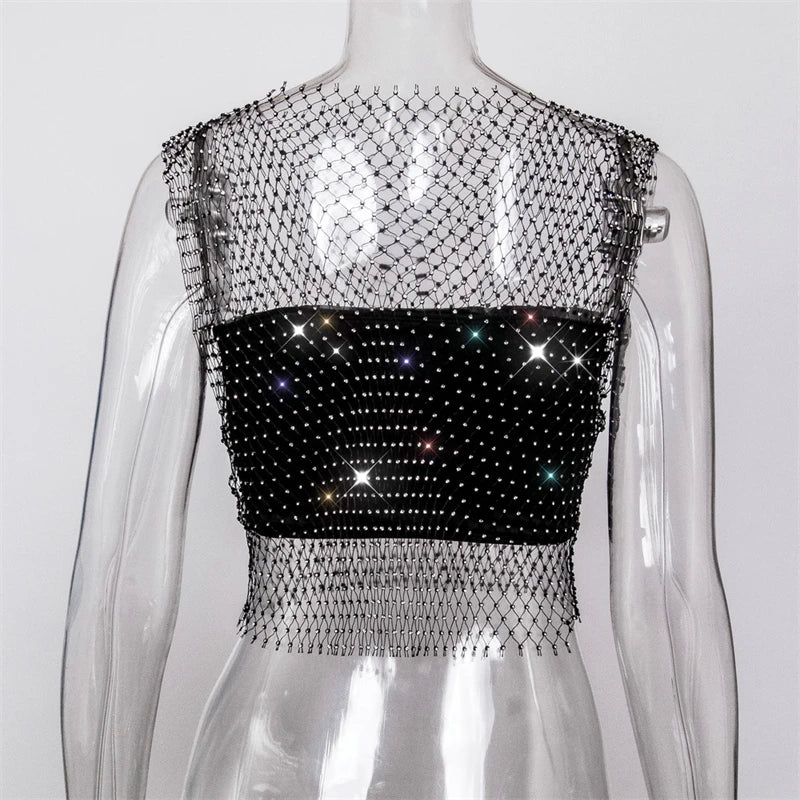Sexy Diamonds Mesh Cropped Tank Top Women Summer Cover Up Bikini See Through Rhinestone Net Party Club Crop Top Dropshipping