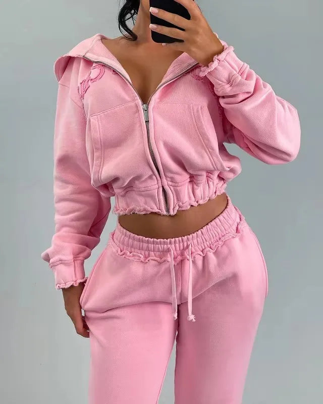 Patchwork 2 Piece Set Tracksuit Women Zip Wide Waist Crop Hooded Pocket Jacket + Sporty Pants Matching Casual Basic Suit