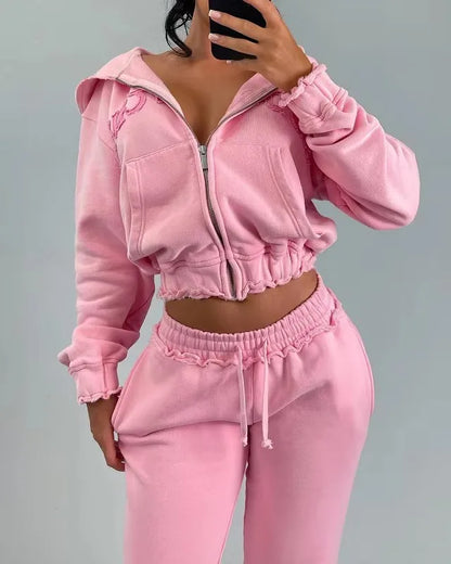 Patchwork 2 Piece Set Tracksuit Women Zip Wide Waist Crop Hooded Pocket Jacket + Sporty Pants Matching Casual Basic Suit
