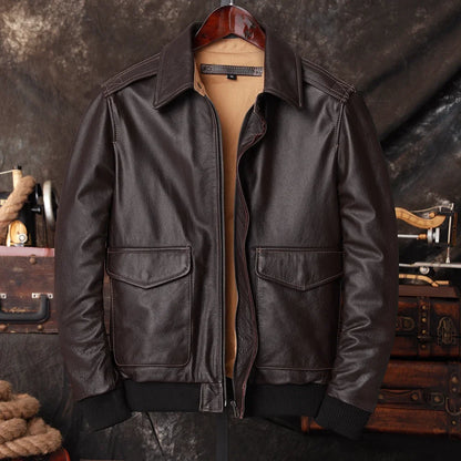 Bomber A2 Pilot Genuine Leather Jacket Men Warm 100% Cow Leather Air Force Coat Dark Brown Men's Cowhide Motorcycle Jackets