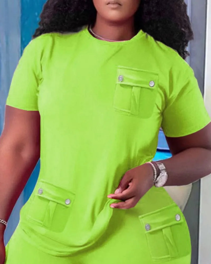 Women Two Piece Shorts Sets Solid Round Neck T Shirts Pockets Elastic Waist Short Trousers Suits Leisure Ladies 2025 Summer