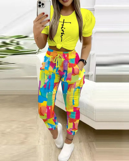 Summer Women's New Short Sleeved Pants Two-piece Commuting Fashion Printed Drawstring Sexy Exposed Waist Pants Set Yellow print