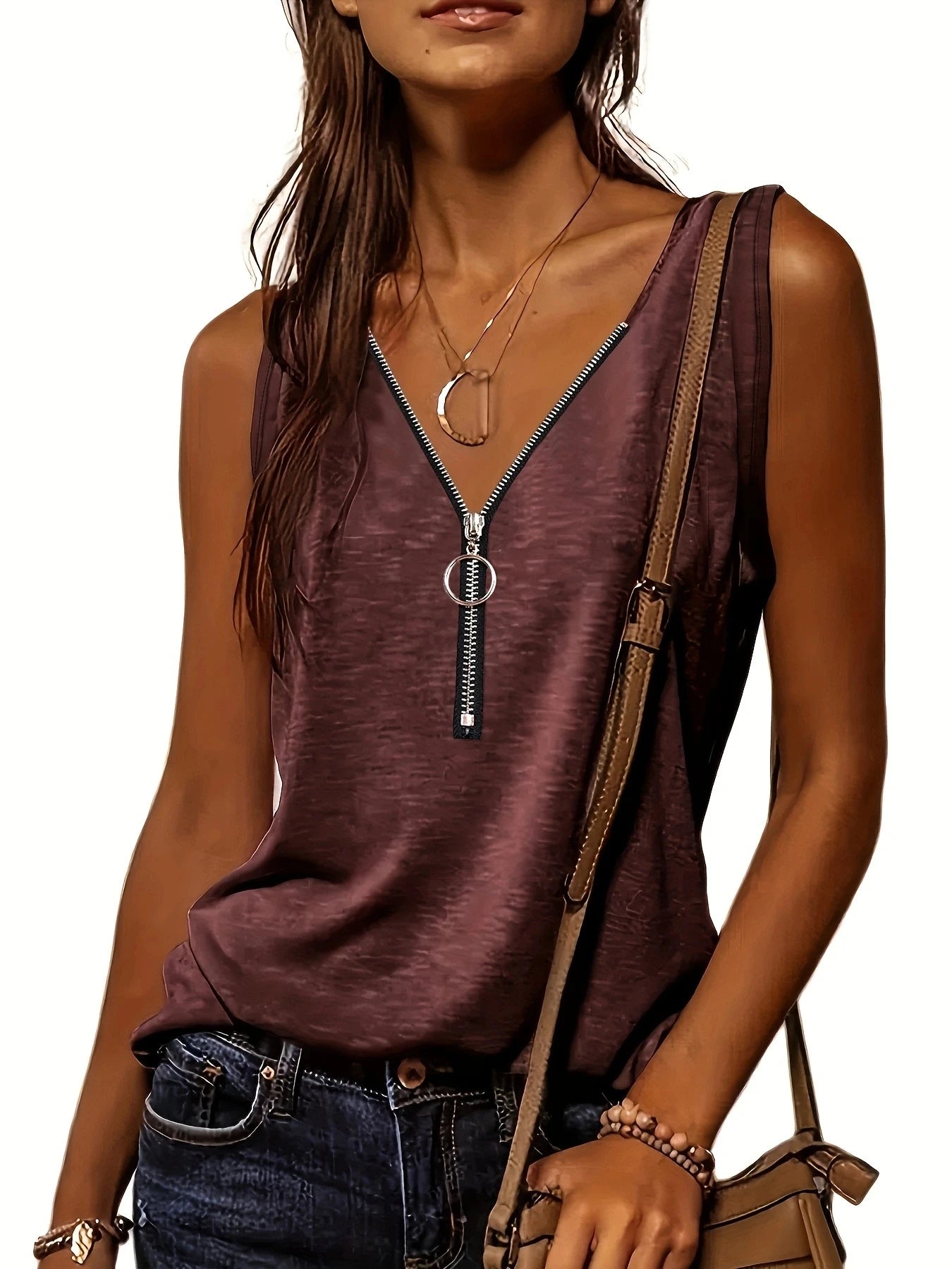 Versatile Women's V-Neck Half-Zip Tank Top - Casual All-Season Wear with Durable Stretch Fabric Brown