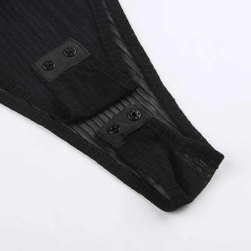 See Through Bodysuit Backless Hollow Out Transparent Club Jumpsuits Women Solid Black Tee Summer Elegant Sexy Streetwear