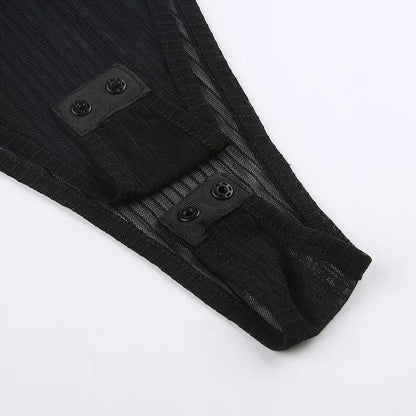 See Through Bodysuit Backless Hollow Out Transparent Club Jumpsuits Women Solid Black Tee Summer Elegant Sexy Streetwear