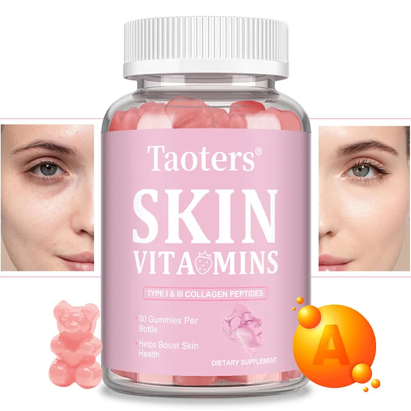 Skin Vitamin Gummies - Type I & III Collagen Peptides Vitamin A, C, E - Supports Skin Health,Anti Aging & Antioxidant