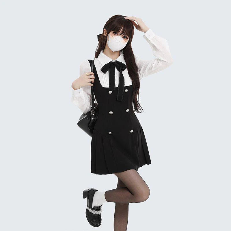 Fake Two-piece Dress Women Preppy Style Bow Buttons Long Sleeve A-line Mini Dress