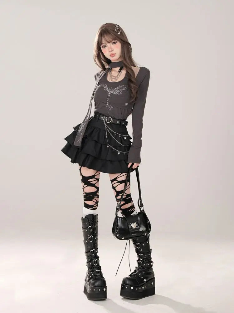 Women Black Gothic A-line Cake Skirt Vintage Y2k Skirt Aesthetic Harajuku Korean Elegant Kawaii Emo Skirts 2000s Trashy Clothes