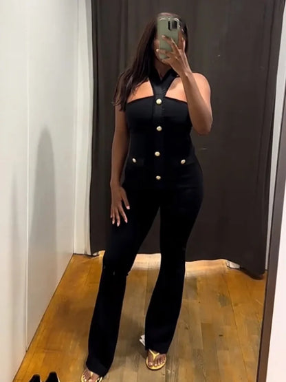 HH Women 2-Piece Set Elasticity Neck Halter Button Design Sleeveless Backless Sexy Top+Casual Elastic Waist Slim Long Pant Badiee Stylez