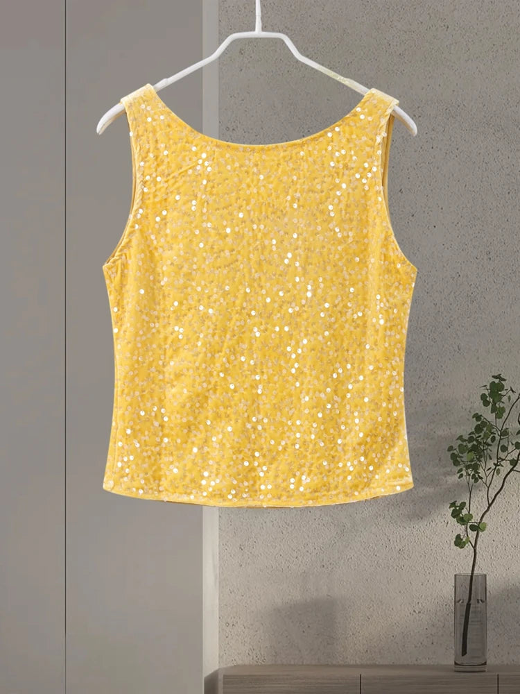 O-neck Vest Mini Skirt Suits Women Sexy sparkly Sequined Sleeveless Tank Tops With Bodycon Short Skirts Fashion Ladies Beachwear