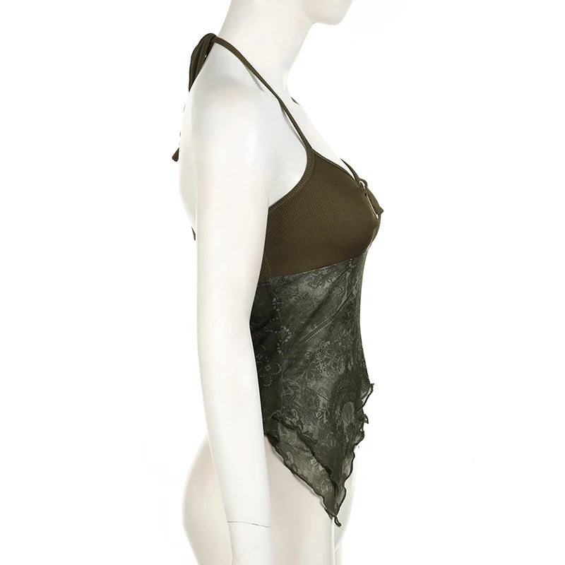 Rockmore Boho Vintage Print Mesh Patchwork Crop Top Women V Neck Camis Y2K Streetwear Female Coquette Aesthetic Clothes 2024