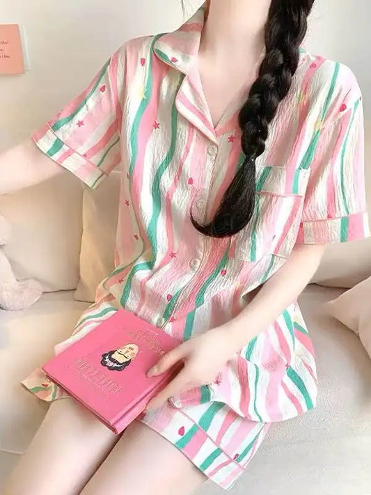 Cute Girl's Summer Cotton Linen ort Sve Nightgown Home Clothes Set Bear Print Gauze Spwear Simple Home Sle