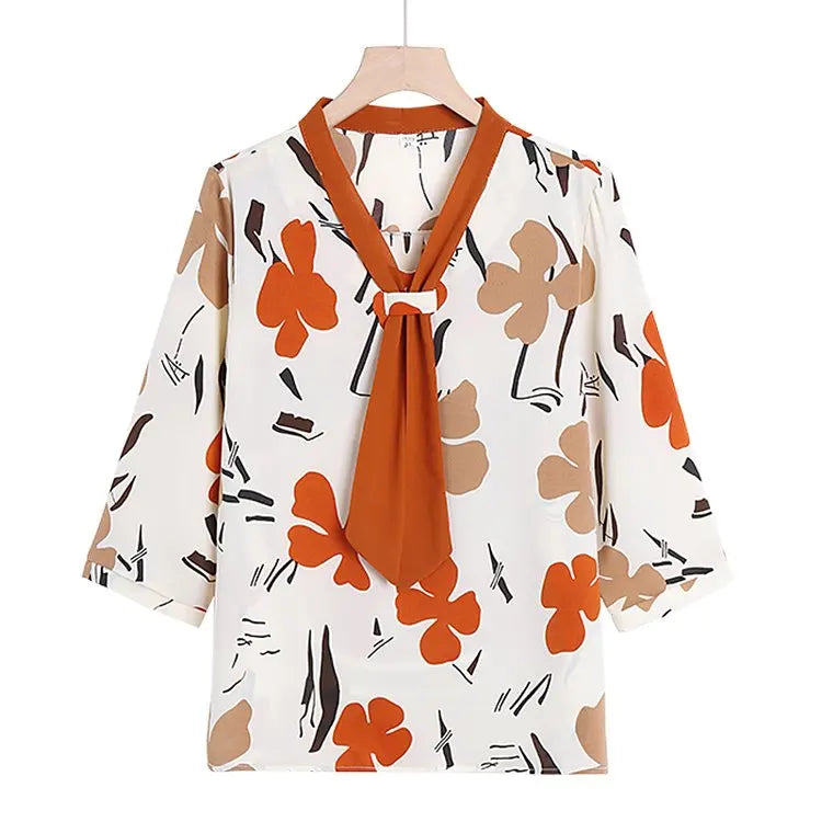 Women's Shirt Middle-aged Mother Elegant Summer Lady Shirts Bandage Floral Printed Chiffon Shirt Blouse Women's Clothing 3