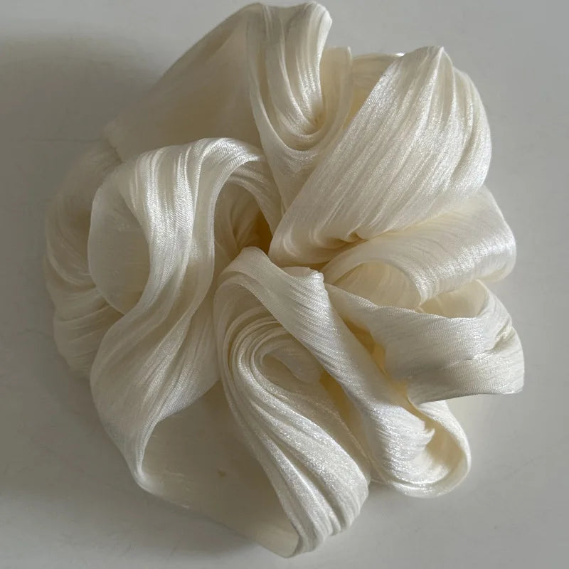 Fashion Vintage Glossy Chiffon Gauze Hair Scrunchies Women Elegant Large Elastic Hair Bands Bright Solid Ponytail Hair Ties Rope White