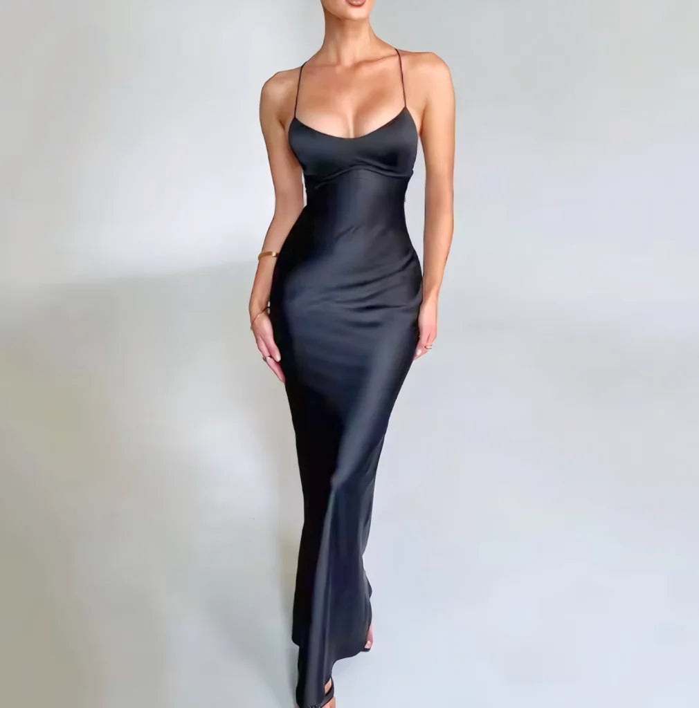 Sexy halter satin dress, a new autumn fashion backless strappy cinched-waist long dress Badiee Stylez