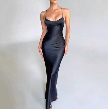 Sexy halter satin dress, a new autumn fashion backless strappy cinched-waist long dress Badiee Stylez