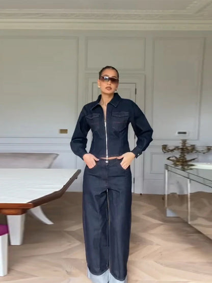 Lapel Zipper Denim Jackets Pants Sets Women Casual Pockets Short Jackets Suit With High Waist Jeans Lady Chic High Street Outfit