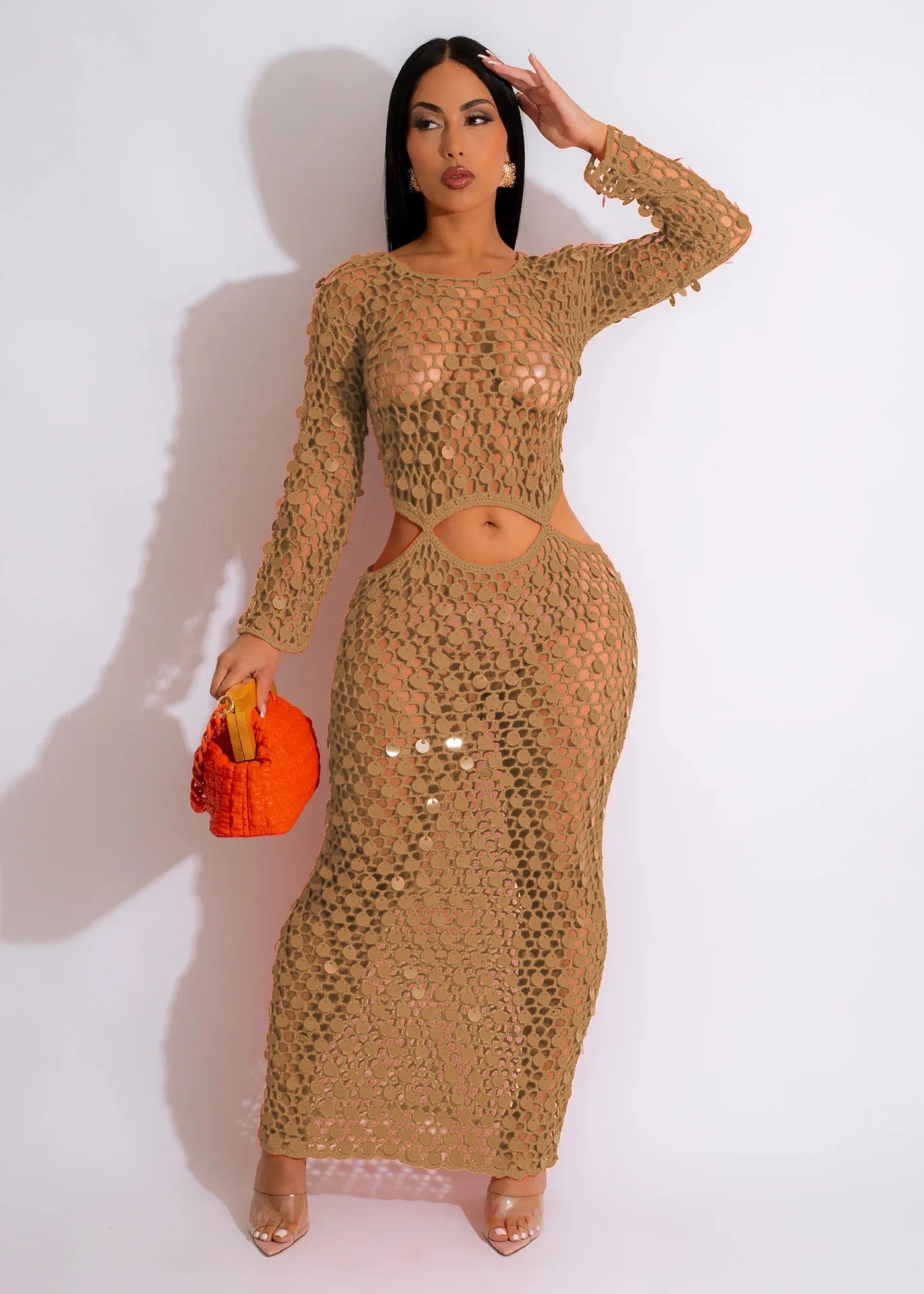 Joskaa Fishnet Knitting Hollow Sequins Maxi Dress Sexy See Through Holiday Long Sleeve Slim Summer 2023 Vacation Beach Dresses
