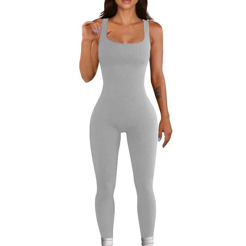 Women Workout Seamless Jumpsuit Yoga Ribbed Bodycon One Piece Square Neck Leggings Romper Badiee Stylez