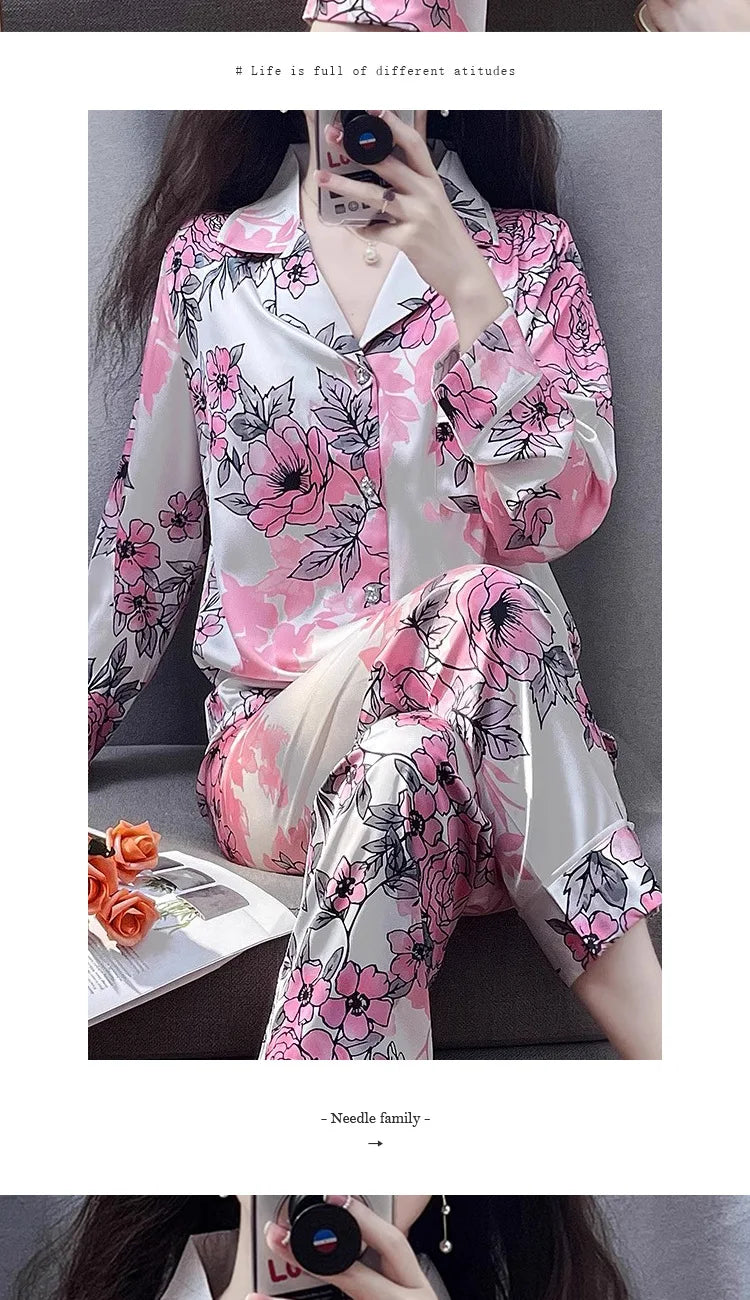 Korean Style Women's Two-piece Pajamas Sets Fashion Flower Print Faux Silk Satin Sleepwear Female Long Sleeve Pants Housewear
