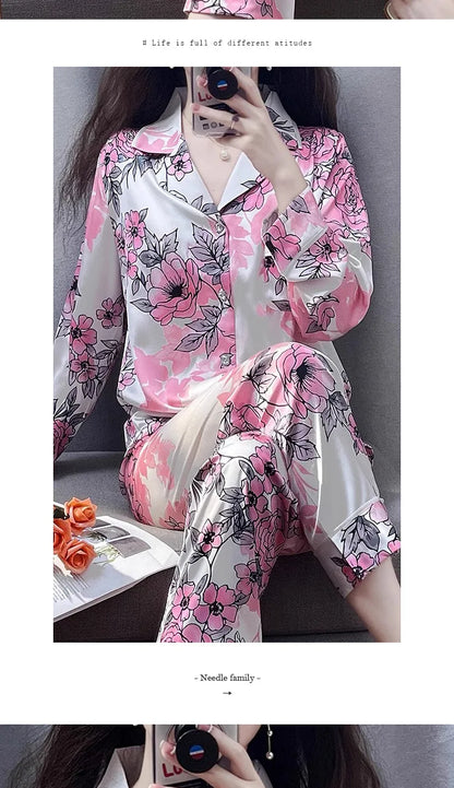 Korean Style Women's Two-piece Pajamas Sets Fashion Flower Print Faux Silk Satin Sleepwear Female Long Sleeve Pants Housewear