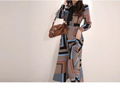 H Han Queen Vintage Print Elegant Long Dress Women Spring Single-breasted Shirt Dresses Waist Swing Ankle-length Vestidos