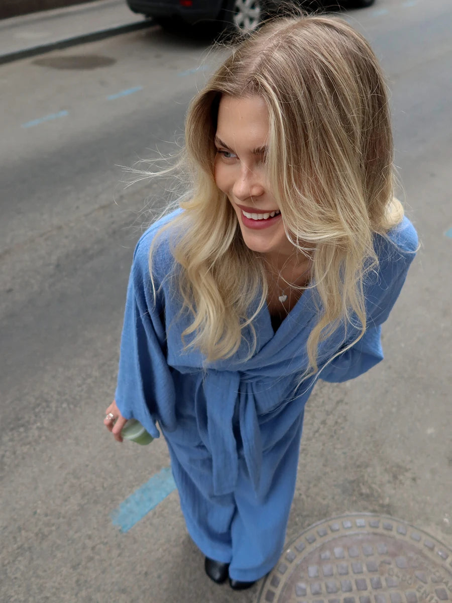 Mozuleva 2025 Autumn New 100% Cotton Women's Blue Lace Up Long Sleeve Pajama Set Loose Pants 2 Piece Leisure Homewear