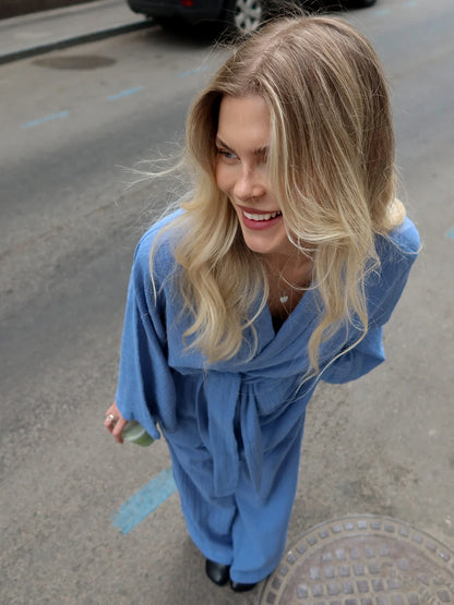 Mozuleva 2025 Autumn New 100% Cotton Women's Blue Lace Up Long Sleeve Pajama Set Loose Pants 2 Piece Leisure Homewear