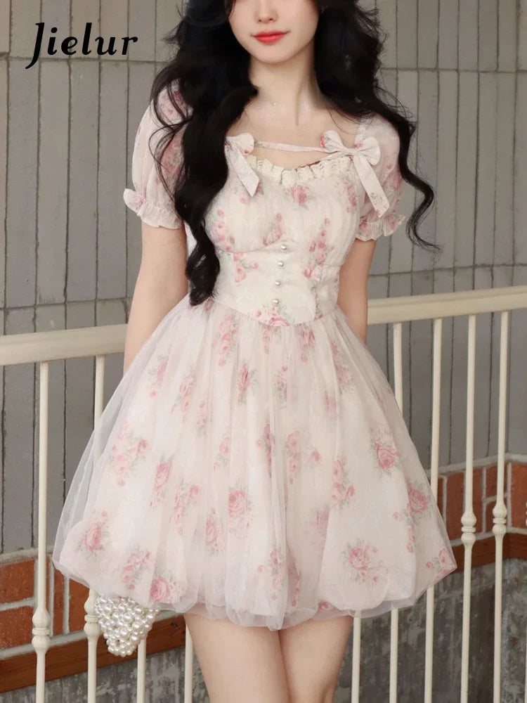 Jielur Lolita Pink Y2k Mini Dress Woman Beach Short Sleeve Floral Dress New Korean Fashion Casual Sweet Short Party Dress Summer Mini Dress