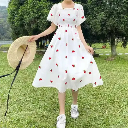 Vintage Kawaii Strawberry Dress Women Sexy Ruffle Puff Sleeve Off Shoulder Embroidery Summer Party Dresses 2023 Korean Elegant