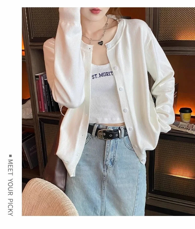 New 2025 Spring Summer Knit Cardigan O-Neck Solid Color Fashion High-Grade Comfortable Slim Casual Knitwear Tops