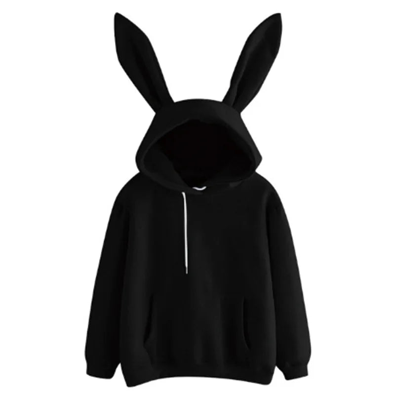 2025 autumn and winter new women's clothing Harajuku Wei hooded rabbit hoodie solid color loose casual women's top women's coat black
