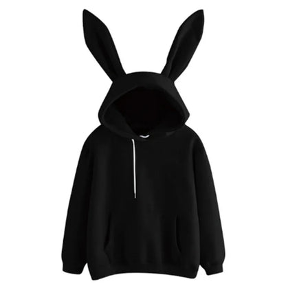 2025 autumn and winter new women's clothing Harajuku Wei hooded rabbit hoodie solid color loose casual women's top women's coat black