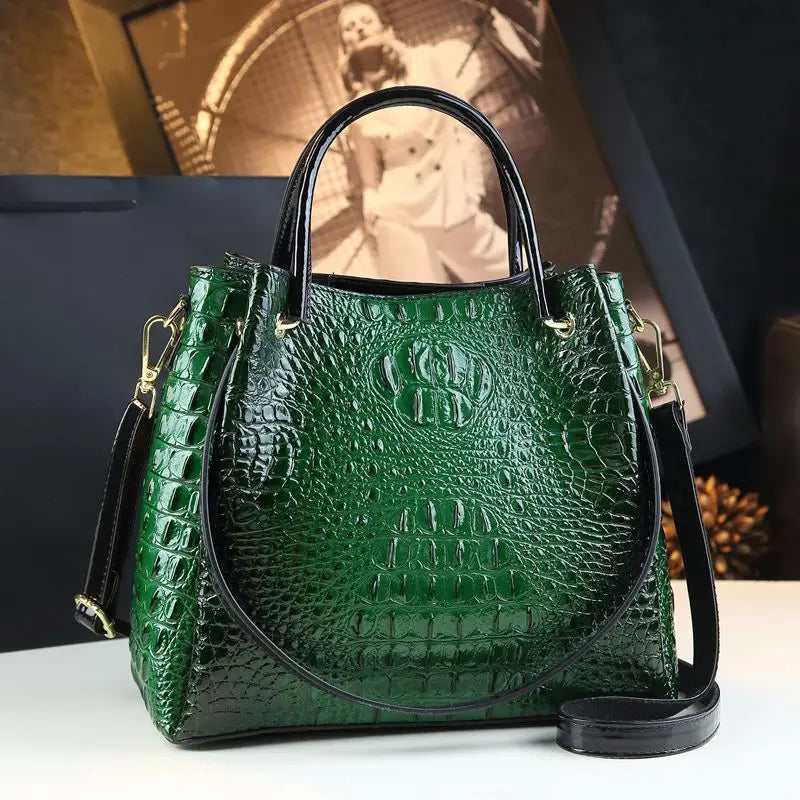 Genuine Leather Women Handbags New Tote Bag Fashion Crocodile Print Bucket Bag Retro Shoulder Messenger Bags Trend 2025 green