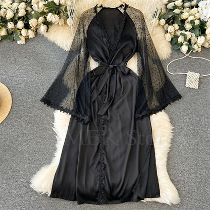 Sexy Embroider Edge Lady Kimono Bathrobe Dress Gown Mesh Sleeve Wedding Long Robe Sleepwear Loose Silk Satin Nightwear Lingerie Black A